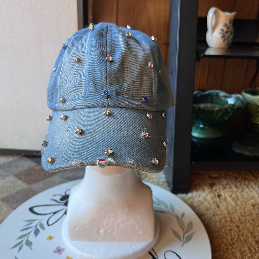 Steve Madden Embellished Denim Cap with different color Rhinestones.